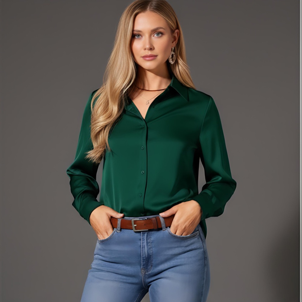 Satin Button Front Long Sleeve Blouse Emerald Green